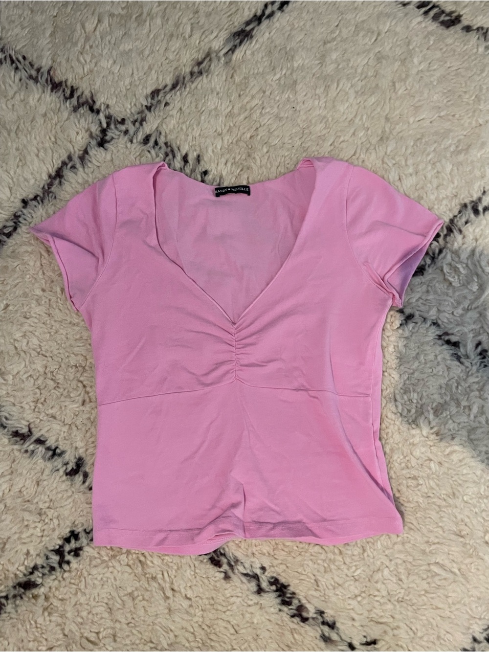 Rare Brandy Melville Gina Light Pink Ruched V-Neck Short Sleeve Top